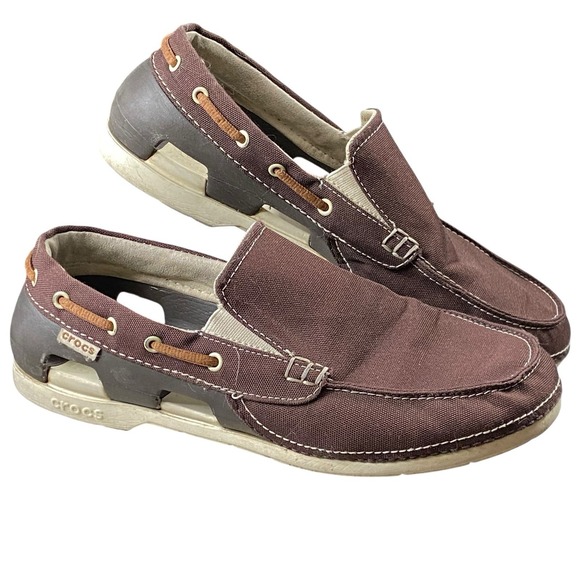Crocs Beachline Canvas Loafer Slip-On Shoes Mens 9 Brown Nautical Preppy Coastal - Picture 1 of 13